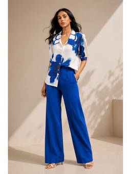 Sheczzar - Blue Linen Cotton Blend Statement Collar Embroidered Printed Shirt