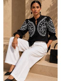 Sheczzar - Black Cotton Silk Chiffon Shirt White Premium Embroidery Top