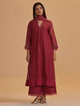 Ganga Fashions - Maroon Chanderi Silk Festive Kurta with Palazzo and Dupatta