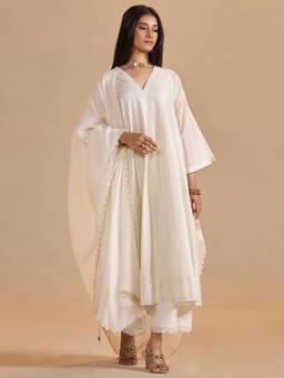 Ganga Fashions - Ivory Foil Chanderi Festive Kurta with Pant and Dupatta