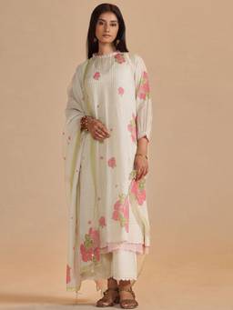 Ganga Fashions - Butter Off White Chanderi Light Festive Kurta with Palazzo and Dupatta