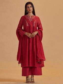 Ganga Fashions - Rich Red Chanderi Silk Festive Kurta with Palazzo and Dupatta