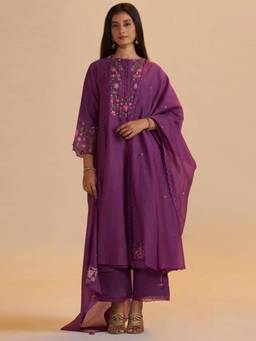 Ganga Fashions - Eggplant Purple Festive Kurta with Pant and Dupatta