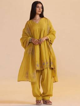 Ganga Fashions - Mustard Chanderi Kurta with Salwar and Dupatta