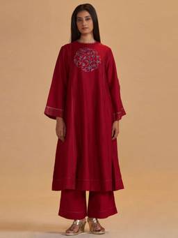 Ganga Fashions - Maroon Silk Festival Kurta with Palazzo
