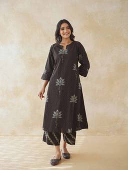 GOODHAND - Brown Women Cotton Printed A-Line Gitika Kurta with Palazzo