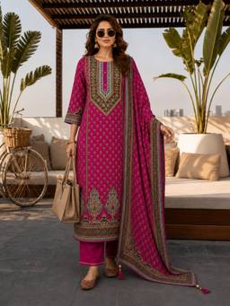 BERRYLICIOUS - Pink Women Pure Silk Printed Kurta with Pant and Dupatta