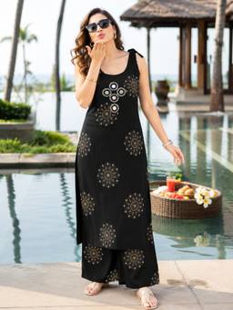 BERRYLICIOUS - Black Women Rayon Ethnic Motif Printed Mirror Kurta with Palazzo