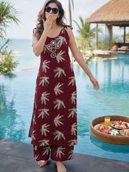 BERRYLICIOUS - Maroon Women Rayon Ethnic Motif Printed Mirror Kurta with Palazzo