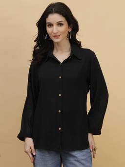 Maaesa - Women Black Solid Rayon Slub Spread Collar Full Sleeves Casual Shirt