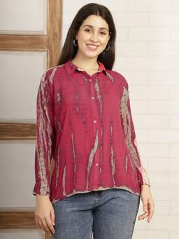 Maaesa - Women Pink Hand Tie and Dye Rayon Crepe Spread Collar Full Sleeves Casual Shirt