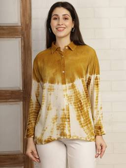 Maaesa - Women Mustard Hand Tie and Dye Rayon Crepe Spread Collar Full Sleeves Casual Shirt