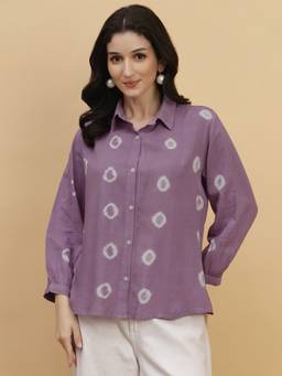 Maaesa - Women Purple Hand Tie and Dye Rayon Staple Spread Collar Full Sleeves Casual Shirt