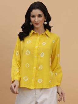 Maaesa - Women Yellow Hand Tie and Dye Rayon Staple Spread Collar Full Sleeves Casual Shirt