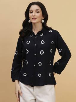 Maaesa - Women Dark Blue Rayon Staple Spread Collar Full Sleeves Casual Shirt