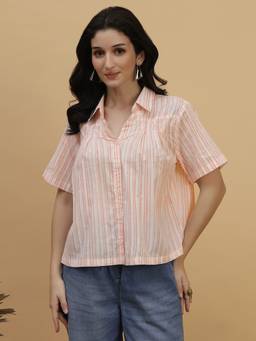 Maaesa - Women Peach Striped Camric Spread Collar Half Sleeves Casual Shirt