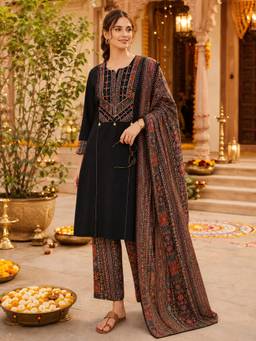 Nayam by lakshita - Women Black Viscose Rayon Embroidered Kurta with Pant and Dupatta