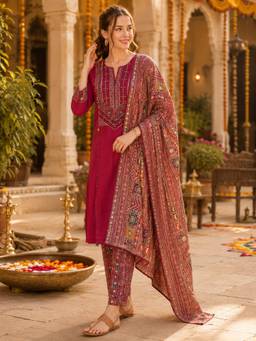 Nayam by lakshita - Women Purple Viscose Rayon Embroidered Kurta with Pant and Dupatta