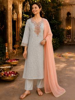 Nayam by lakshita - Women Grey Georgette Embroidered Kurta with Palazzo and Dupatta