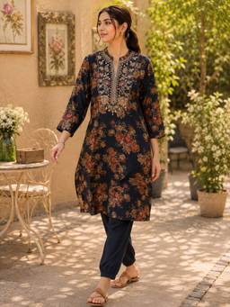 Nayam by lakshita - Women Navy Blue Viscose Rayon Embroidered Kurta with Salwar