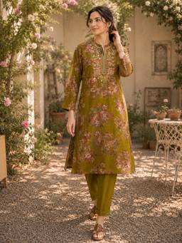 Nayam by lakshita - Women Olive Viscose Rayon Embroidered Kurta with Salwar