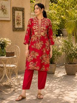 Nayam by lakshita - Women Red Viscose Rayon Embroidered Kurta with Salwar