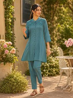 Nayam by lakshita - Women Teal Cotton Blend Embroidered Tunic with Pant