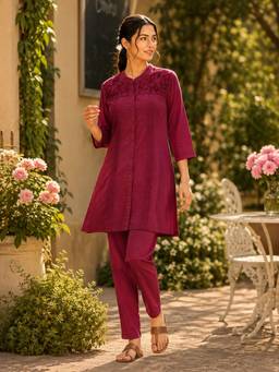 Nayam by lakshita - Women Burgundy Cotton Blend Embroidered Tunic with Pant