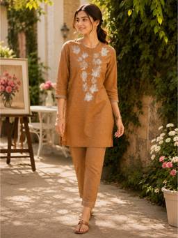 Nayam by lakshita - Women Brown Cotton Blend Embroidered Tunic with Pant