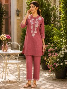 Nayam by lakshita - Women Pink Cotton Blend Embroidered Tunic with Pant