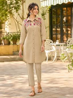 Nayam by lakshita - Women Beige Cotton Blend Embroidered Tunic with Pant