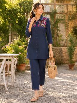 Nayam by lakshita - Women Navy Blue Cotton Blend Embroidered Tunic with Pant