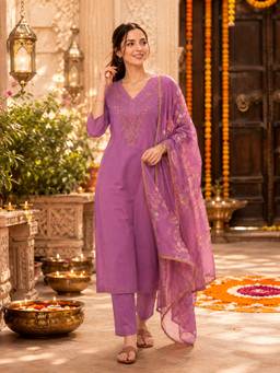 Nayam by lakshita - Women Lavender Viscose Rayon Embroidered Kurta with Pant and Dupatta