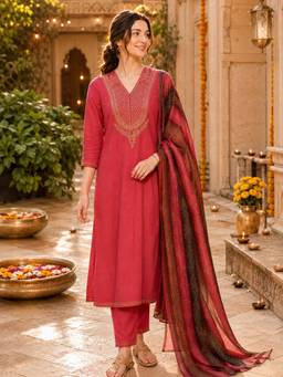 Nayam by lakshita - Women Red Viscose Rayon Embroidered Kurta with Pant and Dupatta