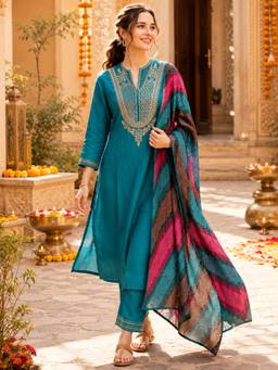 Nayam by lakshita - Women Teal Viscose Rayon Embroidered Kurta with Pant and Dupatta