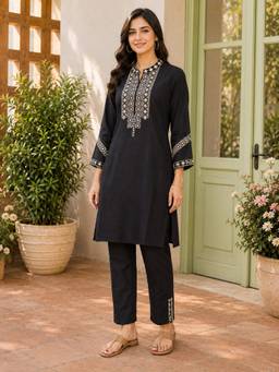 Nayam by lakshita - Women Black Viscose Rayon Embroidered Kurti with Pant