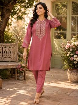 Nayam by lakshita - Women Pink Viscose Rayon Embroidered Kurti with Pant