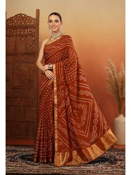 KISHORI - Rust Womens Bandhani Zari Weaving Silk Saree
