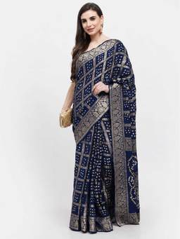 KISHORI - Navy Blue Womens Bandhani Zari Weaving Crape Saree