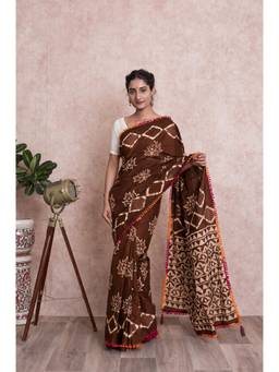 KISHORI - Brown Womens Printed Pure Cotton Saree