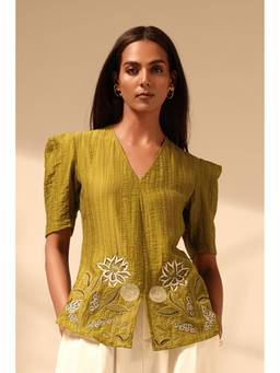Sheczzar - Olive Embroidered Blended Silk Chiffon Top