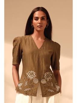 Sheczzar - Brown Embroidered Blended Silk Chiffon Top
