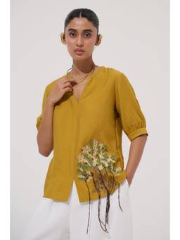 Sheczzar - Mustard Linen Blend Placement Embroidered Top