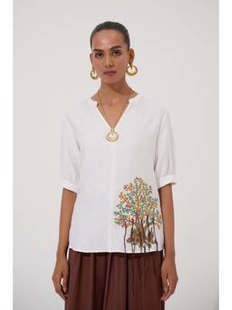 Sheczzar - White Linen Blend Placement Embroidered Top