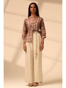 Sheczzar - Mocha Brown Silk Chiffon Blend Printed Lace Detailing Top