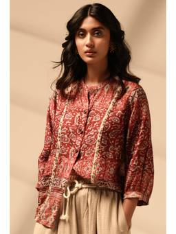 Sheczzar - Rust Silk Chiffon Blend Printed Lace Detailing Top