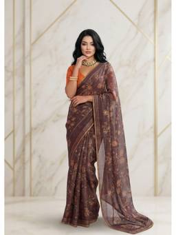 RACHNA - Brown Floral Georgette Regular Saree