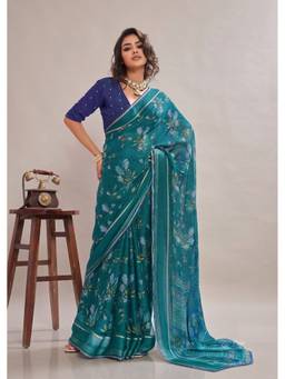 RACHNA - Blue Floral Georgette Regular Saree