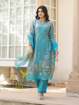 Zolo Label - Blue Graceful Pakistani Embroidered Kurta with Pant and Dupatta