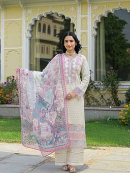 Zolo Label - Off White Luxury Embroidered Straight Kurta with Palazzo and Dupatta